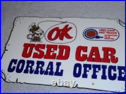 Vintage Chevrolet Ok Used Car Corral Office Cowboy 12 Metal Gasoline Oil Sign