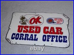 Vintage Chevrolet Ok Used Car Corral Office Cowboy 12 Metal Gasoline Oil Sign