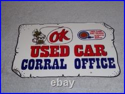 Vintage Chevrolet Ok Used Car Corral Office Cowboy 12 Metal Gasoline Oil Sign
