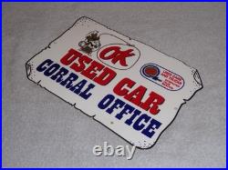 Vintage Chevrolet Ok Used Car Corral Office Cowboy 12 Metal Gasoline Oil Sign