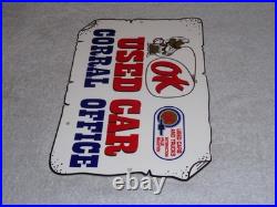 Vintage Chevrolet Ok Used Car Corral Office Cowboy 12 Metal Gasoline Oil Sign