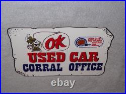 Vintage Chevrolet Ok Used Car Corral Office Cowboy 12 Metal Gasoline Oil Sign