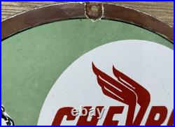 Vintage Chevron Gasoline Porcelain Sign Gas Station Pump Motor Oil Service