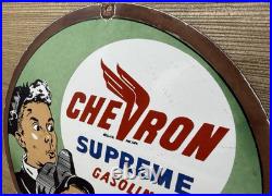 Vintage Chevron Gasoline Porcelain Sign Gas Station Pump Motor Oil Service