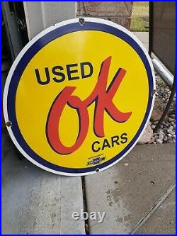 Vintage Chevy OK Used Cars Sign Porcelain Dealer Advertising Chevrolet Gas Oil