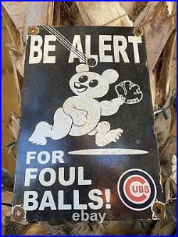 Vintage Chicago Cubs Porcelain Sign Rare Baseball Sport Foul Ball Bat Gas Oil