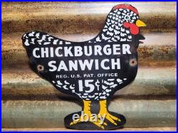 Vintage Chickburger Sanwich Porcelain Sign Chicken Food Rooster Burger Sandwich