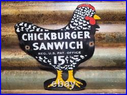 Vintage Chickburger Sanwich Porcelain Sign Chicken Food Rooster Burger Sandwich