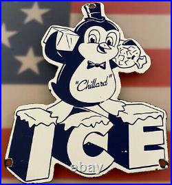 Vintage Chillard Ice Porcelain Sign Cube Gas Soda Beverage Cola Penguin Gasoline