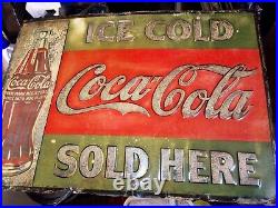 Vintage Coca Cola Sign Tin Metal Soda Pop Bottle Advertising Ice Cold Sold Here