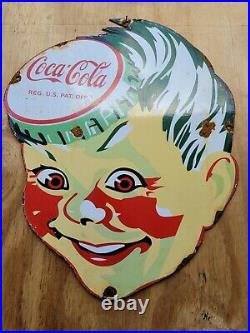 Vintage Coca Cola Soda Porcelain Sign Gas Bottle Cap Boy Coke Beverage Signage