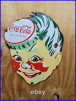 Vintage Coca Cola Soda Porcelain Sign Gas Bottle Cap Boy Coke Beverage Signage
