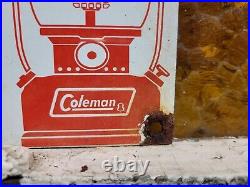 Vintage Coleman Sign Camping Oil Lantern Lamp Cabin Sport Goods Porcelain Sign Vintage Coleman Sign Camping Oil Lantern Lamp Cabin Sport Goods Porcelain Sign