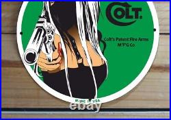 Vintage Colt Guns Rifles Pistol Shotgun Pinup Girl Porcelain Enamel Sign