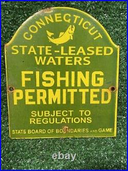 Vintage Connecticut Game Boundary Porcelain Sign Gas Oil State Fishing Permitted