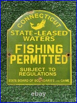 Vintage Connecticut Game Boundary Porcelain Sign Gas Oil State Fishing Permitted
