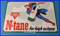 Vintage Conoco Gasoline Sign Superman Comics Porcelain Gas Pump Sign