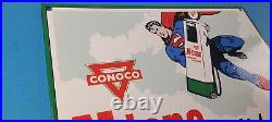 Vintage Conoco Gasoline Sign Superman Comics Porcelain Gas Pump Sign