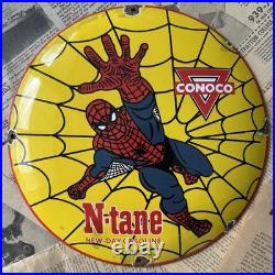 Vintage Conoco N-tane Gas Spider Man 12 Inch Convex Porcelain Enamel Sign