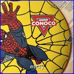 Vintage Conoco N-tane Gas Spider Man 12 Inch Convex Porcelain Enamel Sign