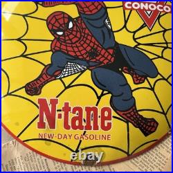 Vintage Conoco N-tane Gas Spider Man 12 Inch Convex Porcelain Enamel Sign