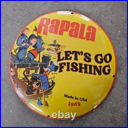 Vintage Convex Rapala 1969 Fish Us Gasoline Oil Gas Pump Enamel Porcelain Sign