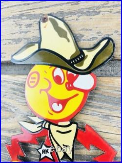 Vintage Cowboy Reddy Kilowat Electric Power Company Gasoline Oil Station Sign