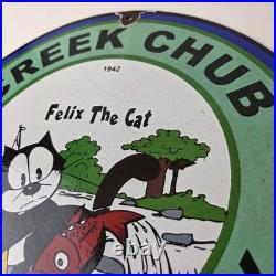 Vintage Creek Chub Bait Caster Sign Gas Pump Felix Fishing Porcelain Pump Sign