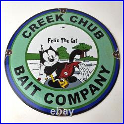 Vintage Creek Chub Bait Caster Sign Gas Pump Felix Fishing Porcelain Pump Sign