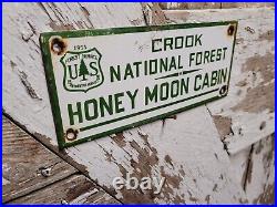 Vintage Crook National Forest Porcelain Sign Honeymoon Cabin Camping Park Ranger