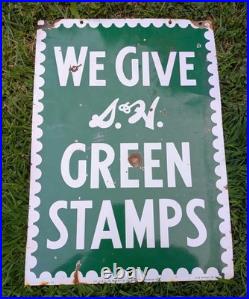 Vintage Cut S & H Green Stamp Porcelain Double Sided Sign