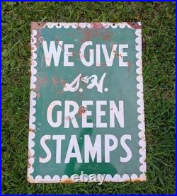 Vintage Cut S & H Green Stamp Porcelain Double Sided Sign