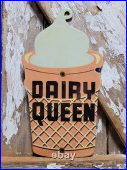 Vintage Dairy Queen Porcelain Sign Old Ice Cream Milkshake Dessert Cone Diecut