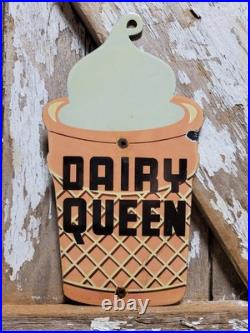 Vintage Dairy Queen Porcelain Sign Old Ice Cream Milkshake Dessert Cone Diecut
