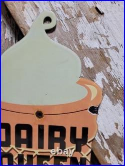 Vintage Dairy Queen Porcelain Sign Old Ice Cream Milkshake Dessert Cone Diecut