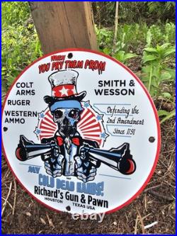 Vintage Dated 1957 Richard's Pawn & Gun Porcelain Sign Colt, Smith & Wesson 12 Vintage Dated 1957 Richard's Pawn & Gun Porcelain Sign Colt, Smith & Wesson 12