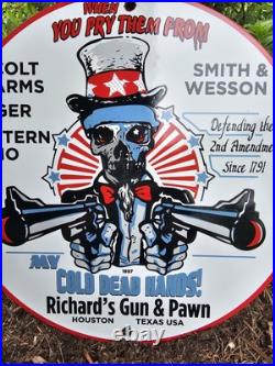 Vintage Dated 1957 Richard's Pawn & Gun Porcelain Sign Colt, Smith & Wesson 12 Vintage Dated 1957 Richard's Pawn & Gun Porcelain Sign Colt, Smith & Wesson 12