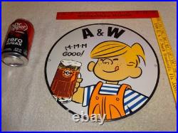Vintage Dennis The Menace+ A & W Root Beer 11 3/4 Porcelain Metal Soda Gas Sign