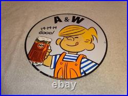 Vintage Dennis The Menace+ A & W Root Beer 11 3/4 Porcelain Metal Soda Gas Sign