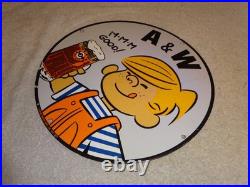 Vintage Dennis The Menace+ A & W Root Beer 11 3/4 Porcelain Metal Soda Gas Sign