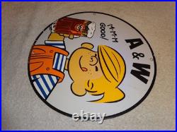 Vintage Dennis The Menace+ A & W Root Beer 11 3/4 Porcelain Metal Soda Gas Sign