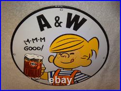 Vintage Dennis The Menace+ A & W Root Beer 11 3/4 Porcelain Metal Soda Gas Sign
