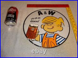 Vintage Dennis The Menace+ A & W Root Beer 11 3/4 Porcelain Metal Soda Gas Sign