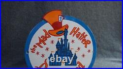 Vintage Disney Porcelain Metal Mad Hatter Alice Gas Service Oil Sign Rare Ad