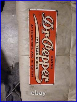 Vintage Dr Pepper Porcelain Sign The Year Round At Fountains & In Bottles 39-47