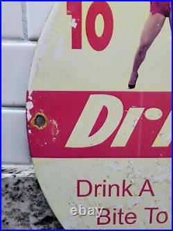 Vintage Dr Pepper Soda Porcelain Sign Pop Drnik Model Girl Lady Gas Oil Service