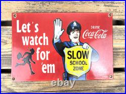 Vintage Drink Coca-cola Slow School Zone Porcelain Gas Oil Kids Traffic Sign Vintage Drink Coca-cola Slow School Zone Porcelain Gas Oil Kids Traffic Sign