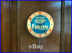 Vintage DuPont Freon Refrigerant lighted advertising clock manufactured by Pam