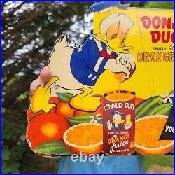 Vintage Duck Orange Juice Porcelain Enamel Metal Advertising Soda Sign 12 X 9