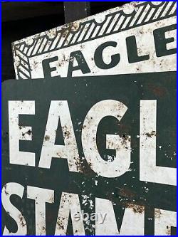 Vintage Eagle Stamp Heavy Metal Painted Double Sided Sign Original Advertisement